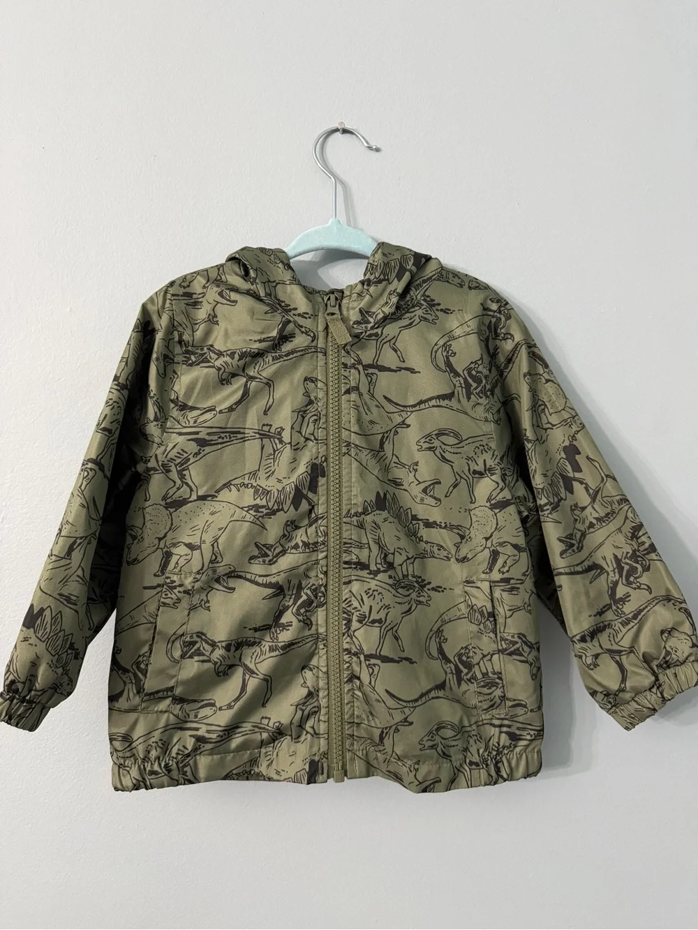 Carter's Olive Green light weight windbreaker/rain coat Dinosaur Hooded Jacket